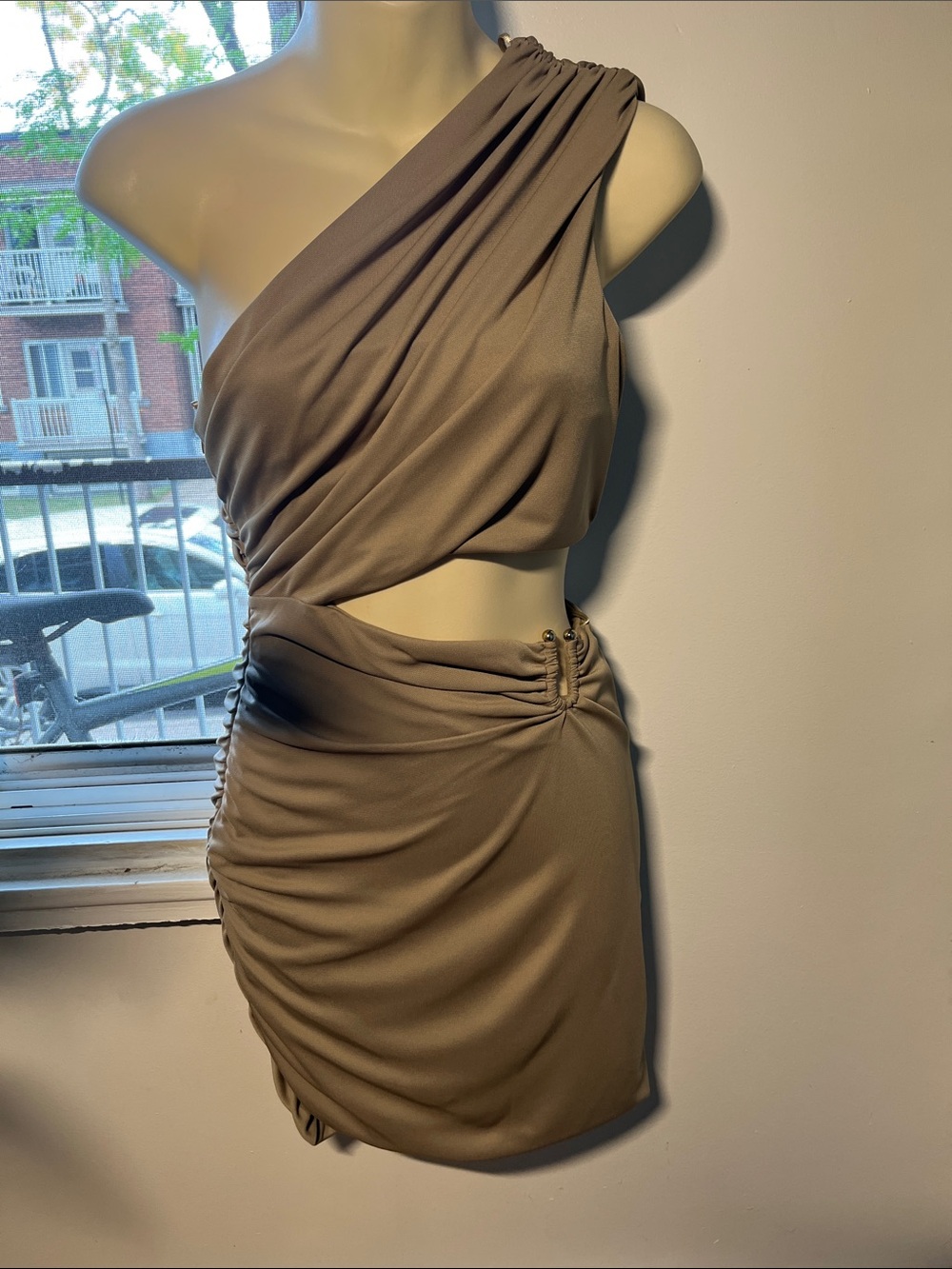 Zara One-Shoulder Taupe Olive Ruched Waist Cutout Mini Dress